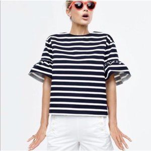 J. Crew Ruffle Sleeve Striped Navy White Top